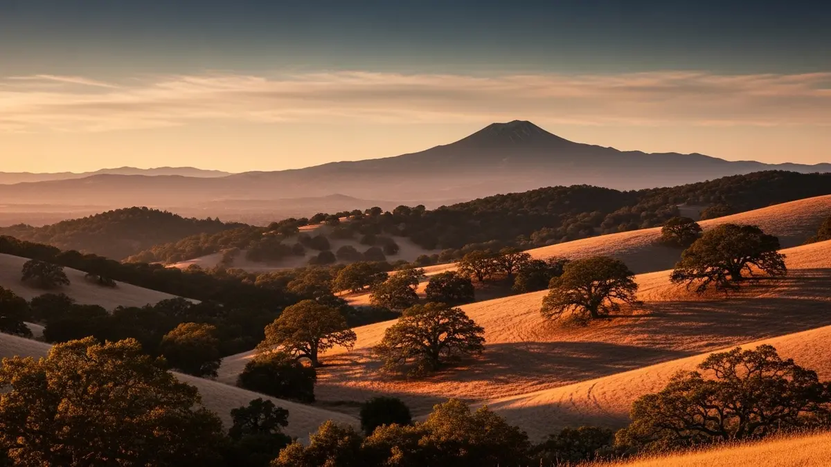 A scenic, golden-hour photograph of Alamo, California, featuring sunlit rolling hills dotted with oak trees, set against the backdrop of Mount Diablo's silhouette under a clear, deep blue sky.