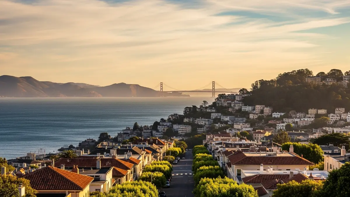 A scenic overlook of Albany, California at golden hour, featuring charming residential streets with terracotta roofs leading to the deep blue San Francisco Bay. The Golden Gate Bridge is subtly visible in the distance, all bathed in warm, natural sunlight.