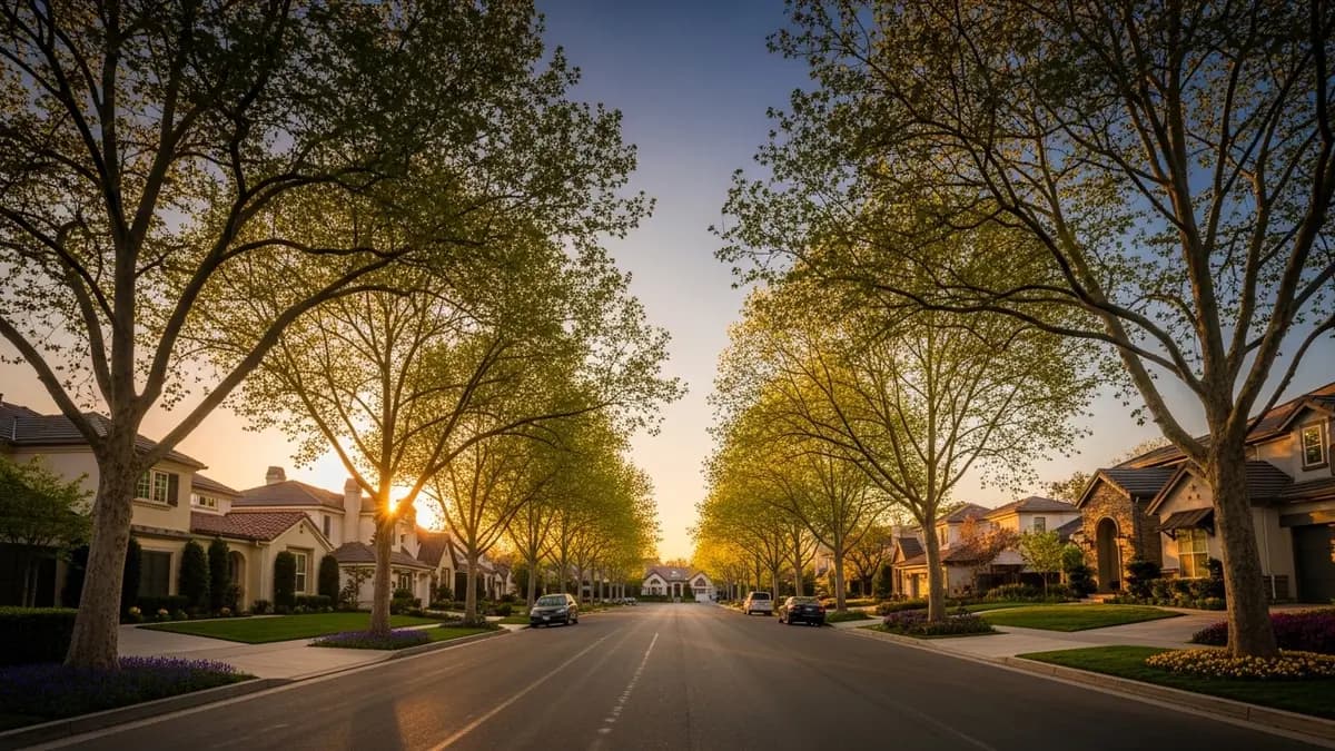 A tranquil, sun-drenched street in Antelope, California, at golden hour, featuring mature trees, well-maintained homes with terracotta roofs, and a clear blue sky, evoking a sense of peaceful suburban beauty.