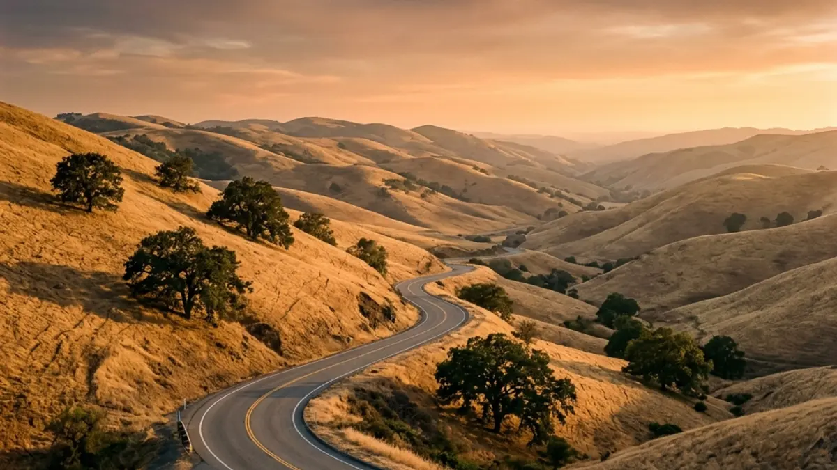 A scenic winding road through the golden hills and oak trees of Northern California at golden hour, representing the service routes of PULSE HVAC across the region.