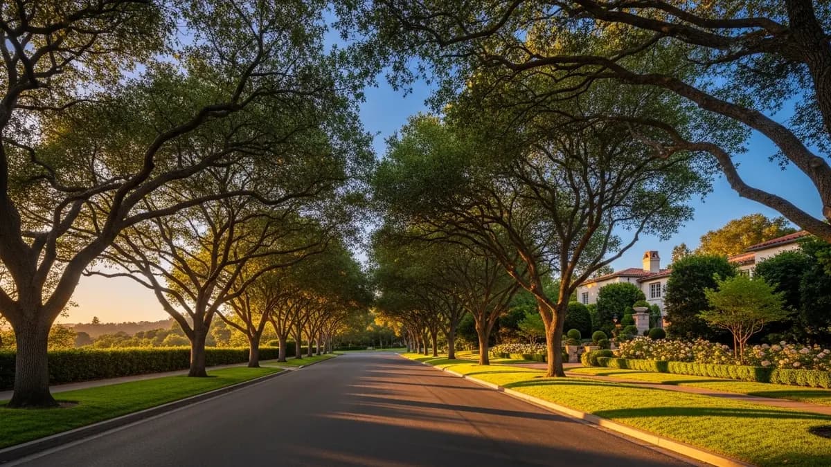 A tranquil, sun-drenched residential street in Atherton, California, at golden hour, featuring majestic oak trees lining a quiet boulevard and a glimpse of a luxurious estate home with cream facade and terracotta roof tiles visible through lush landscaping.