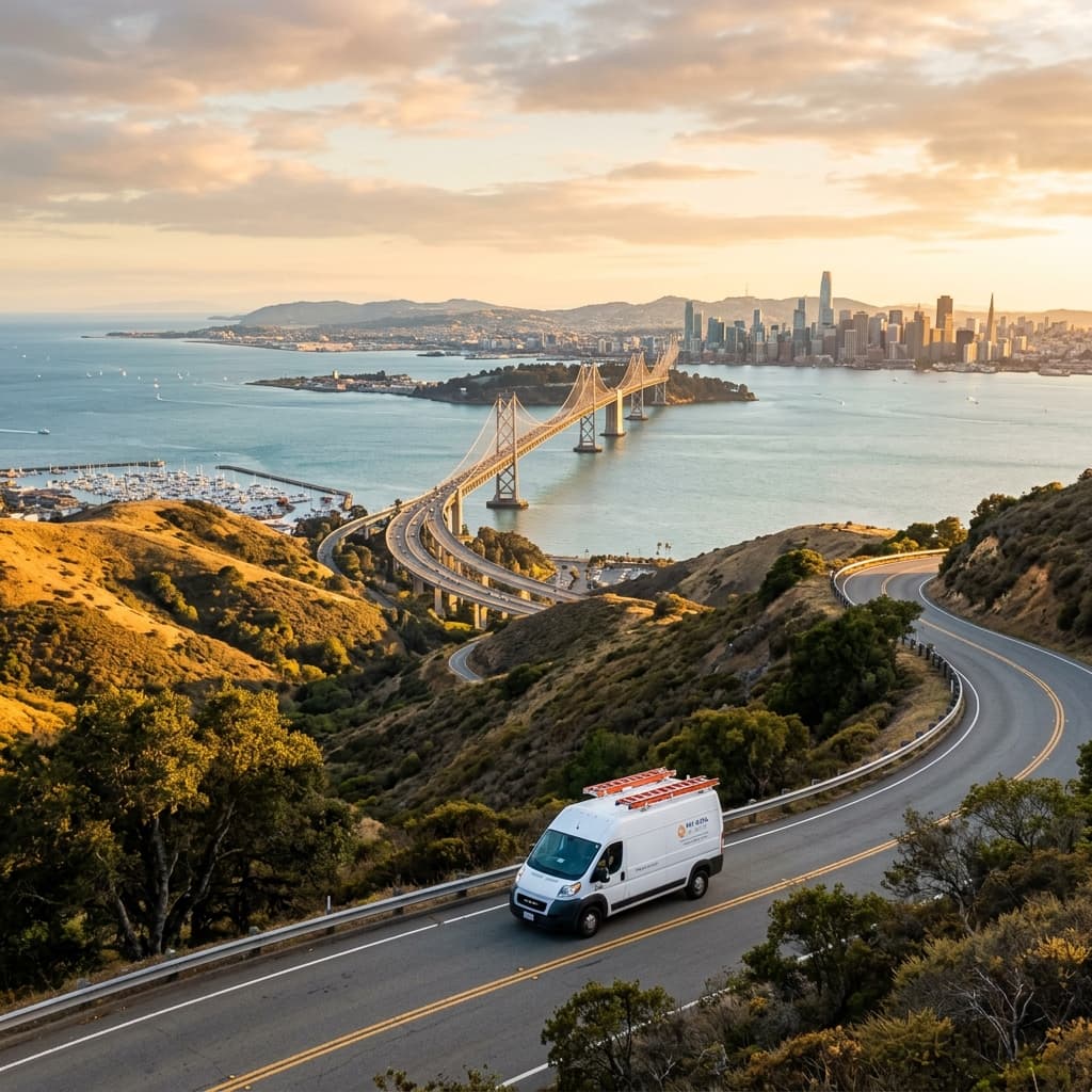 Scenic view of the San Francisco Bay and bridge at golden hour, with a PULSE HVAC service vehicle driving along a winding route.