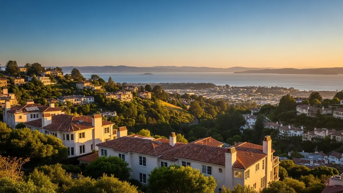 Panoramic view of Belmont, California at golden hour, showcasing elegant homes with terracotta roofs nestled in lush hillsides overlooking the deep blue San Francisco Bay.