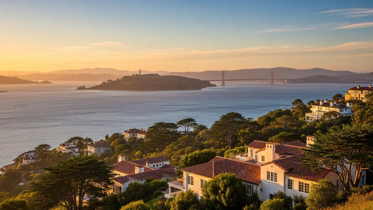 A scenic, golden hour view from a hillside in Belvedere, California, looking out over the blue waters of the San Francisco Bay towards Angel Island and elegant homes with terracotta roofs.