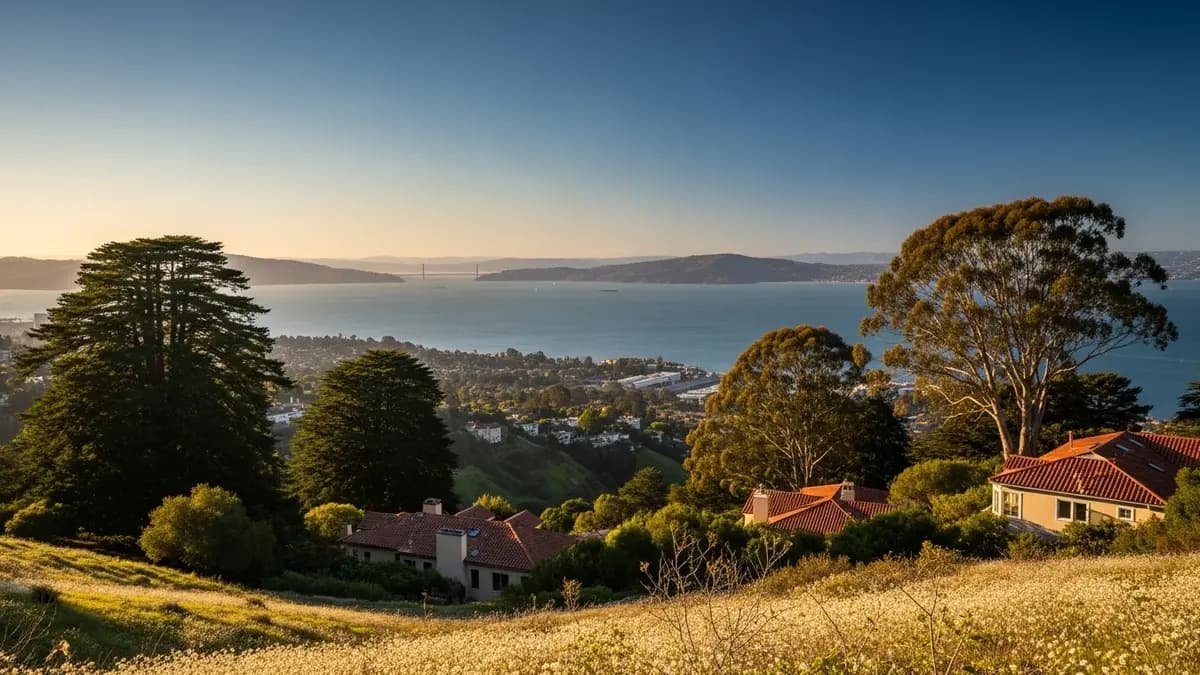 A scenic, sun-drenched view of the San Francisco Bay and the Golden Gate Bridge from the Berkeley Hills in Berkeley, California, framed by redwood and eucalyptus trees, featuring homes with terracotta roofs in golden hour light.