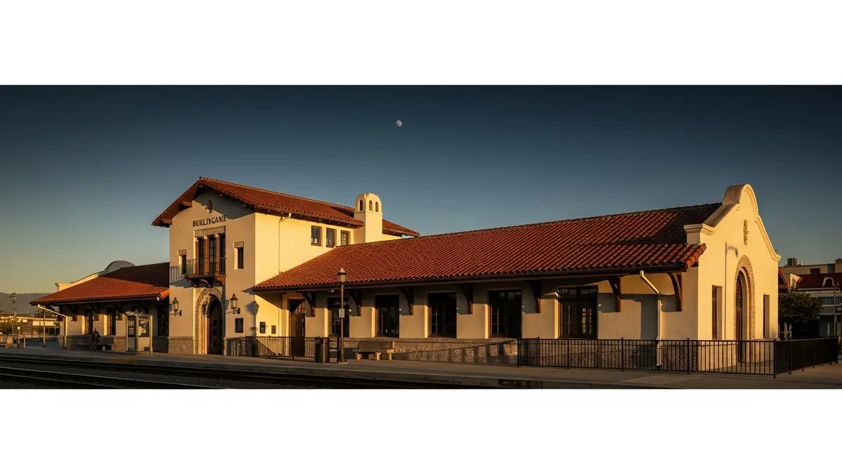 The historic Burlingame train station at sunset, its Mission Revival architecture glowing in warm, golden light. The cream-colored stucco walls and red terracotta tile roof contrast against a deep blue evening sky.