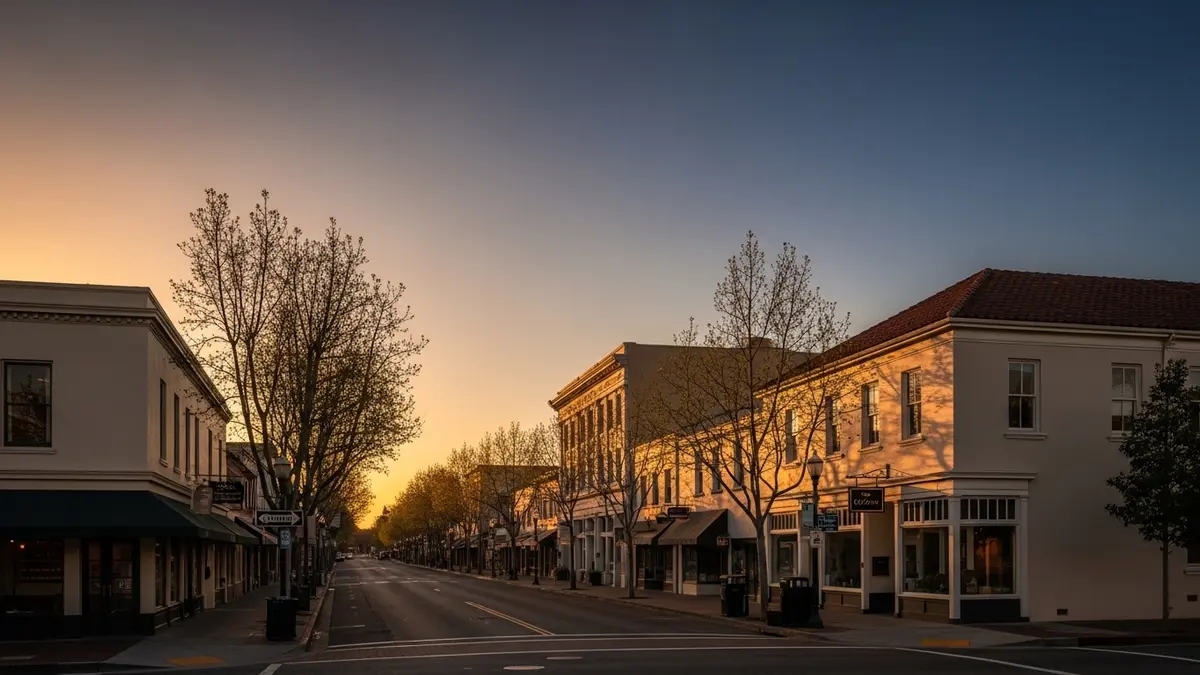 A warm, golden hour streetscape of downtown Campbell, California, featuring historic cream-colored buildings with terracotta roofs and tree-lined streets under a gradient sky of warm orange and deep blue.
