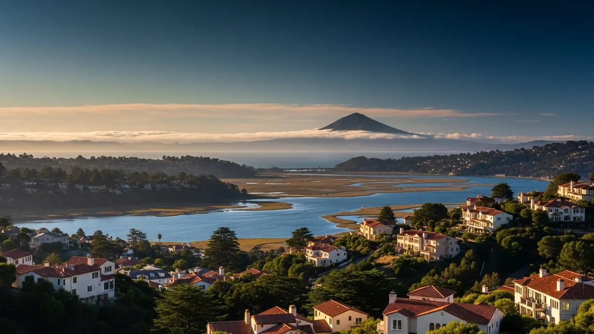An elevated view of Corte Madera, California, at golden hour, showing Mediterranean-style homes with terracotta roofs, lush trees, the tranquil Corte Madera Creek and marshlands, and Mount Tamalpais in the background, all bathed in warm sunlight.