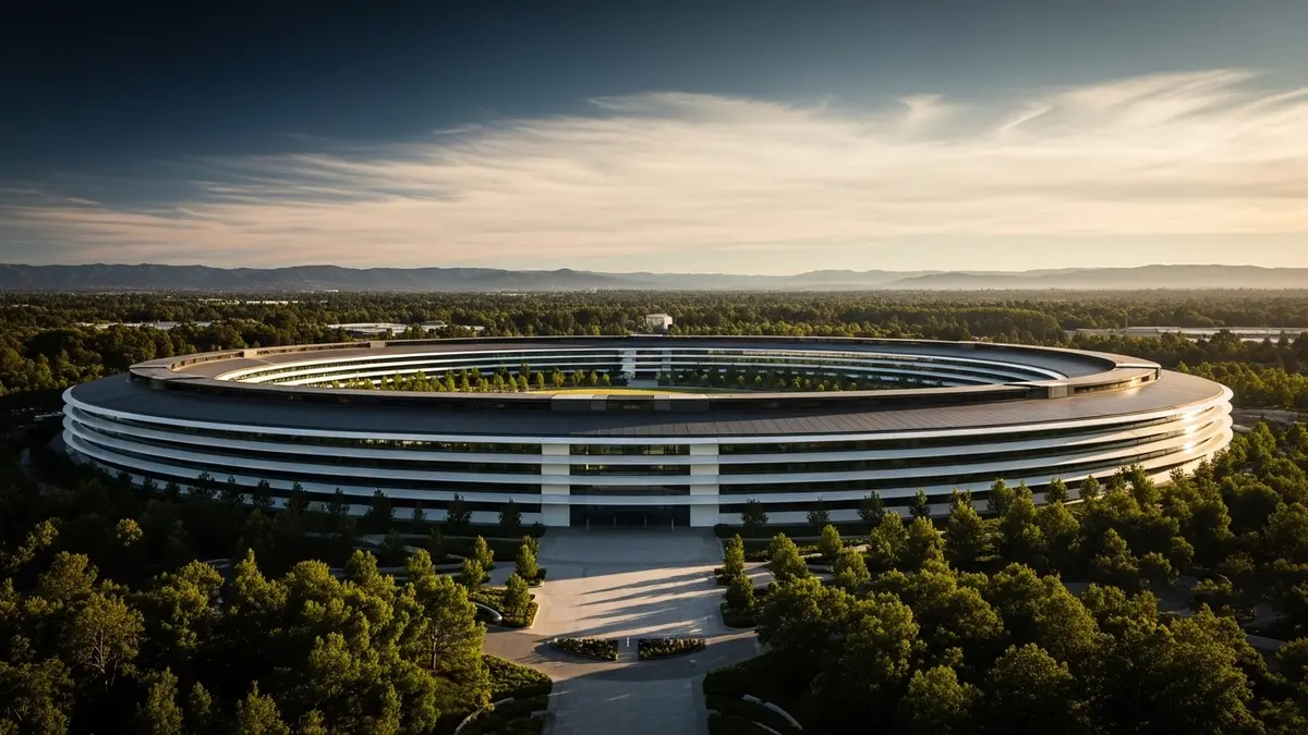 An elevated view of Apple Park in Cupertino, California, glowing under warm golden hour sunlight, showcasing its iconic ring architecture amidst lush green landscaping and distant foothills.
