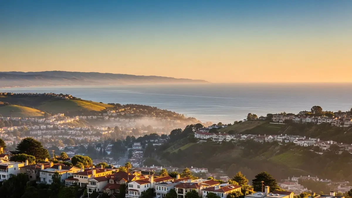 A warm, golden hour landscape view of Daly City, California, showing residential homes with terracotta roofs on rolling hillsides overlooking the deep blue Pacific Ocean, with soft fog lifting from the valleys.