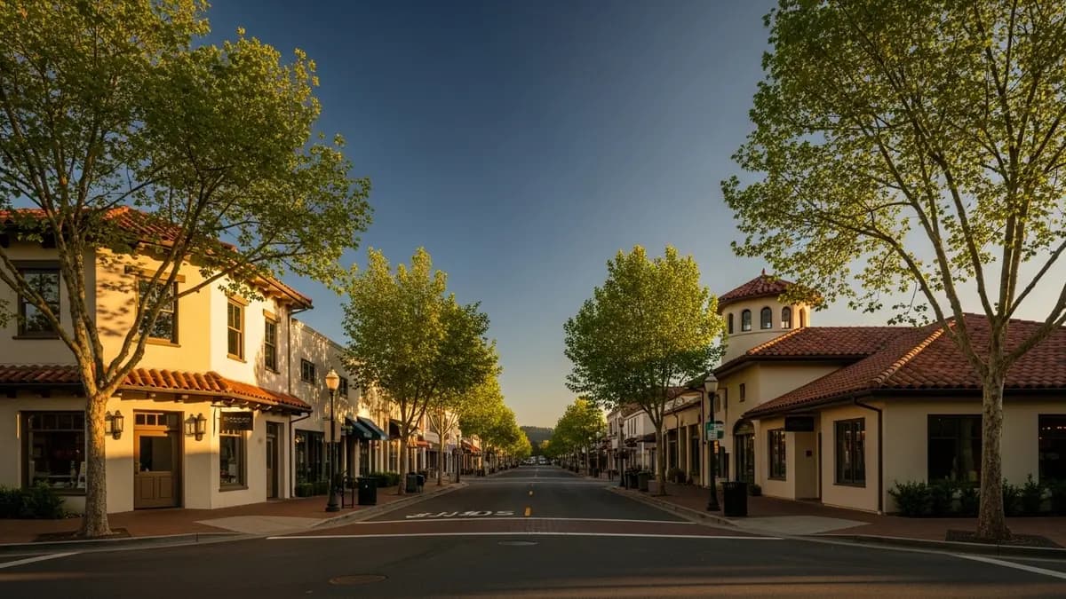 A beautiful, sun-drenched street scene in downtown Danville, California, featuring charming historic-style buildings with warm cream facades and terracotta roofs under a deep blue golden hour sky.