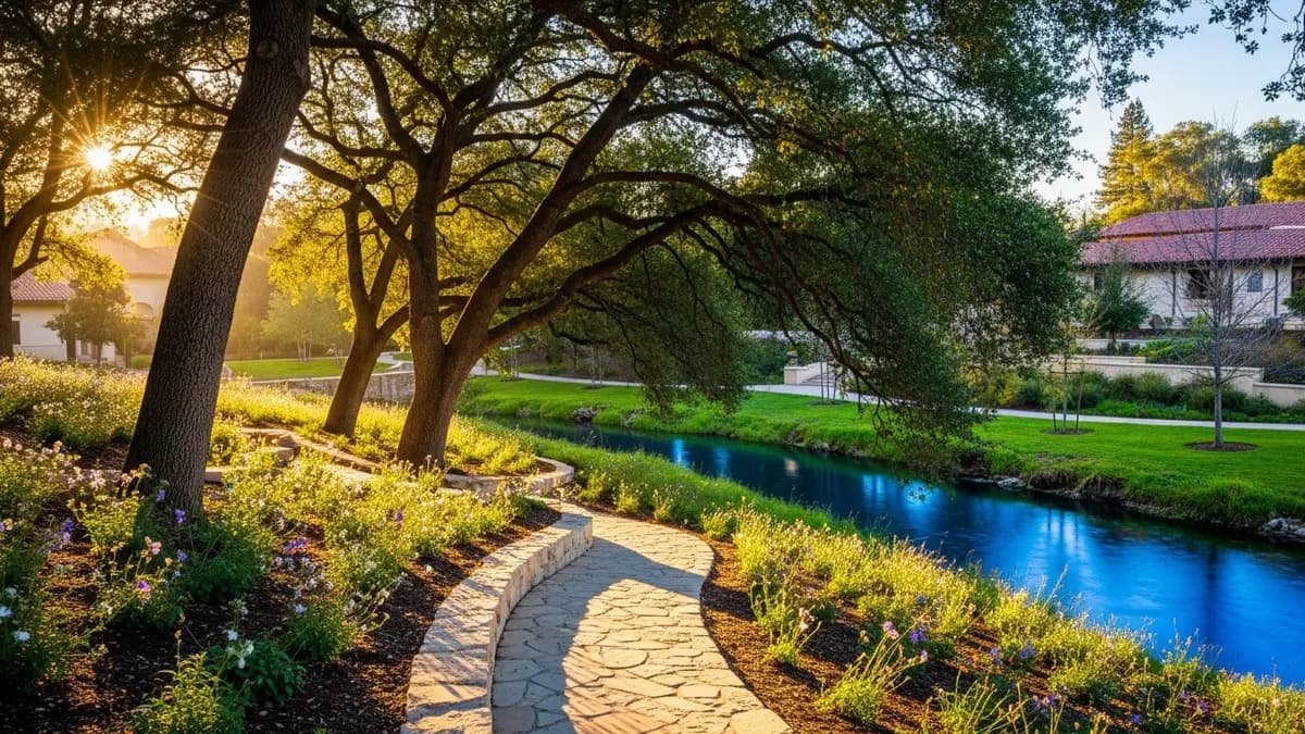 A sun-drenched, high-end landscape photo of the UC Davis Arboretum during golden hour, showing a winding path, deep blue Putah Creek, and distant campus buildings with terracotta roofs.