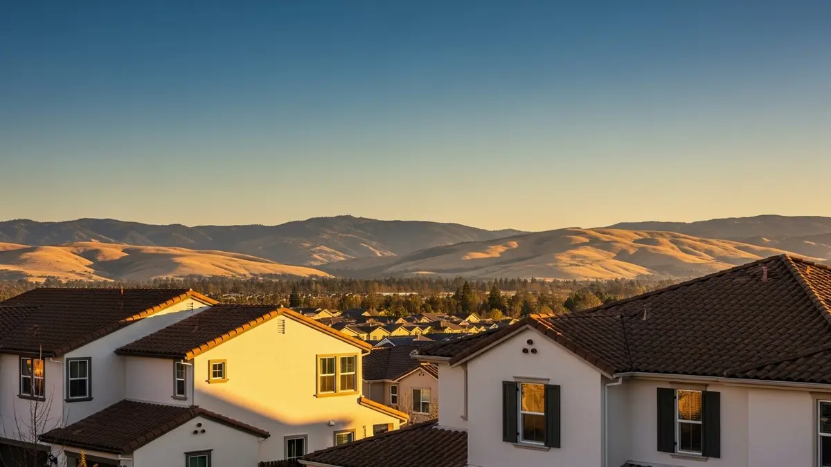 A serene, sun-drenched view of a modern residential neighborhood in Dublin, CA, at golden hour. Homes with cream stucco walls and terracotta roofs are nestled among gently rolling golden hills, all under a clear blue sky fading to amber at the horizon.