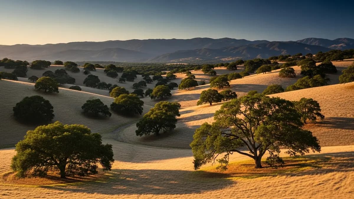 A stunning golden hour panoramic view of the rolling, oak-studded hills of El Dorado Hills, California, with distant Sierra Nevada foothills, evoking the area's natural beauty and premium feel.