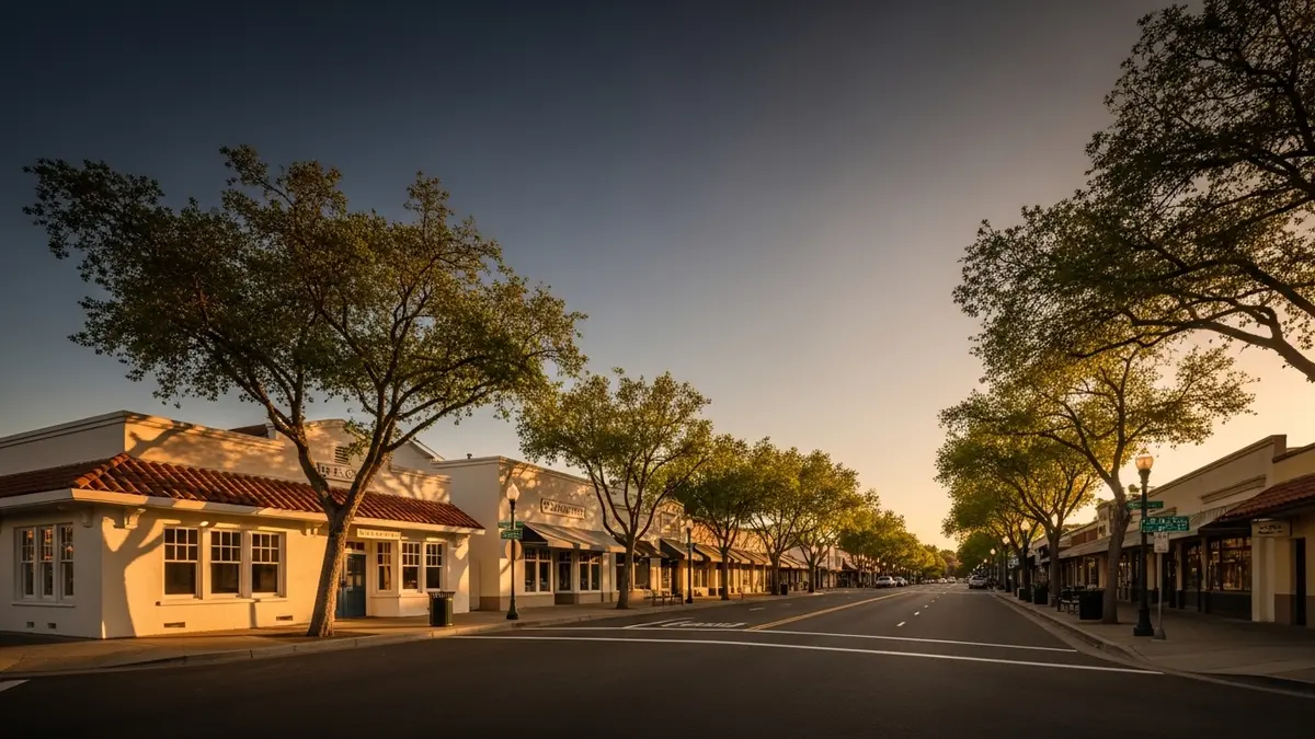 A beautiful, sun-drenched view of historic Old Town Elk Grove, California, at golden hour, showcasing charming buildings with warm cream facades, terracotta roofs, and tree-lined streets under a gradient sky.