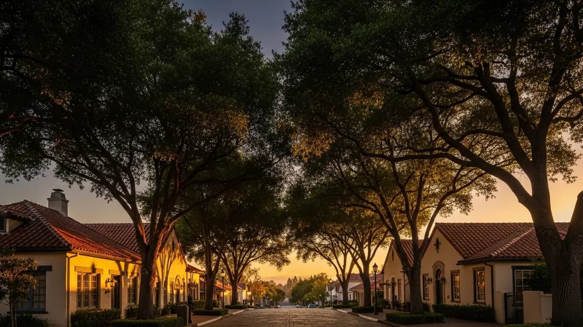 A warm, sun-drenched streetscape in Fair Oaks Village, California, at golden hour, featuring historic-style buildings with terracotta roofs and mature oak trees, showcasing the city's charming, established character.