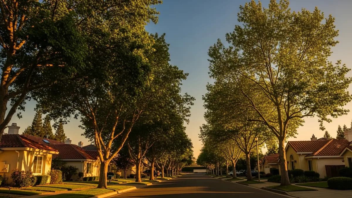 A beautiful, serene, tree-lined residential street in Florin, California, bathed in the warm, golden light of sunset, showcasing local architecture with terracotta roofs and lush greenery.