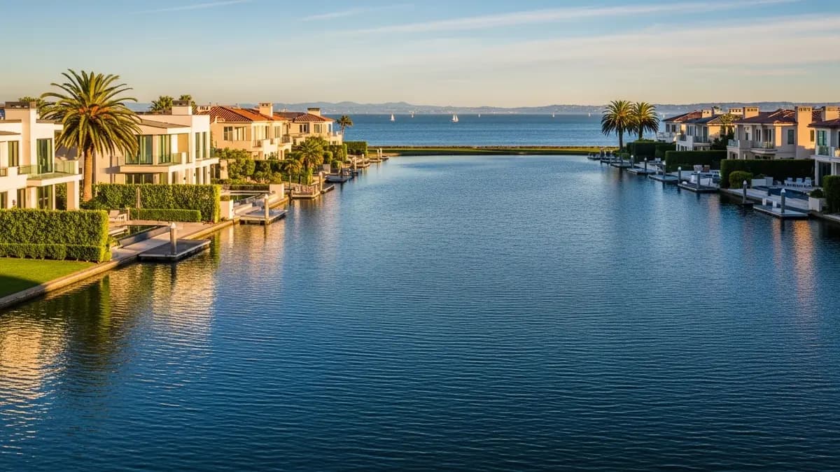 A tranquil, golden-hour landscape of Foster City, California, showcasing its iconic serene lagoons reflecting modern cream-colored waterfront homes with terracotta roofs, under a deep blue sky.