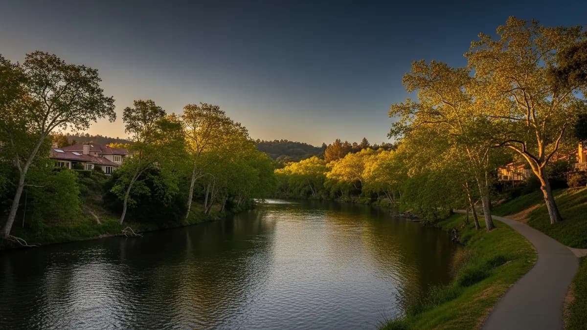A serene landscape photo of the American River Parkway near Gold River, California, at golden hour. Lush oak and sycamore trees line the river, which reflects the deep blue sky and warm sunlight. A walking path is visible alongside the tranquil water, with elegant homes featuring terracotta roofs subtly integrated into the distant background.