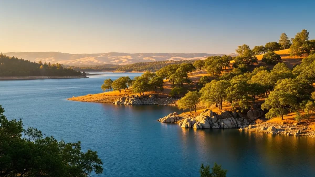 A serene, sun-drenched panoramic view of Folsom Lake near Granite Bay, California, at golden hour. The tranquil deep blue water reflects the warm light, bordered by ancient oak trees and natural granite outcroppings. Rolling hills are visible in the distance, bathed in a soft, golden glow.