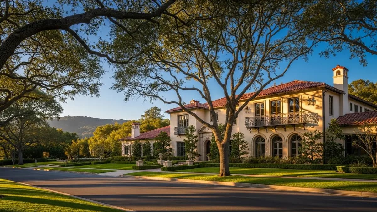 A grand Spanish Colonial Revival mansion in Hillsborough, California, bathed in the warm light of golden hour, featuring terracotta roof tiles, cream stucco walls, and lush gardens under a deep blue sky.