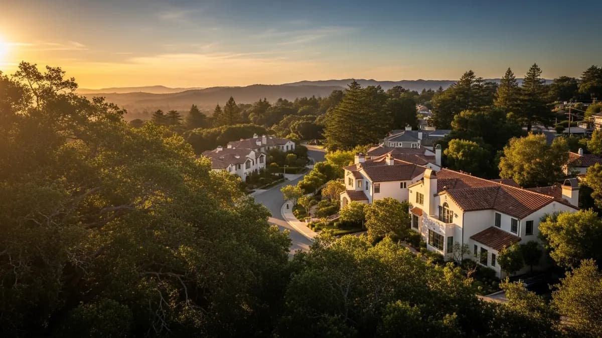 A scenic elevated view of a tranquil residential street in Kentfield, California, at golden hour. The image features elegant cream-colored stucco homes with terracotta roofs nestled among lush oak and redwood trees. Distant hills, characteristic of the Mount Tamalpais area, are visible under a warm sky transitioning from amber to deep blue.