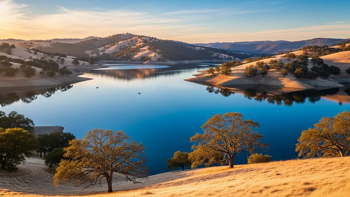 A beautiful, serene landscape photograph of the Lafayette Reservoir in Lafayette, California, bathed in the warm, golden light of sunset. The deep blue water is surrounded by rolling hills covered in golden grasses and mature oak trees, reflecting the tranquil beauty of the East Bay.