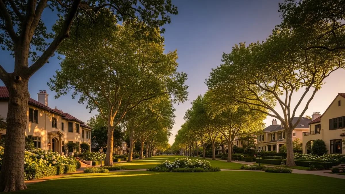 A beautiful, sun-drenched street in Land Park, Sacramento, showcasing elegant historic homes with terracotta roofs and lush mature trees during golden hour.