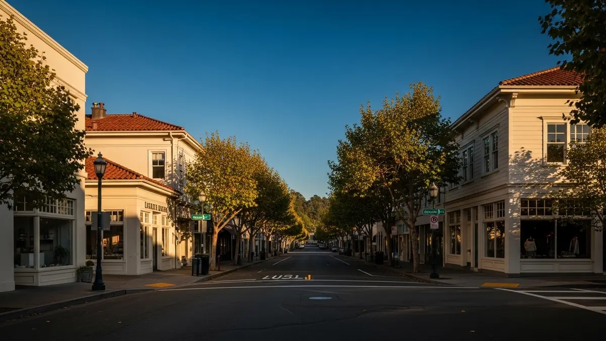 A professional, sun-drenched photograph of Larkspur, California's charming historic downtown streetscape. Classic cream-colored buildings with terracotta roofs are bathed in warm golden hour light, framed by lush, tree-lined streets and a deep blue sky.