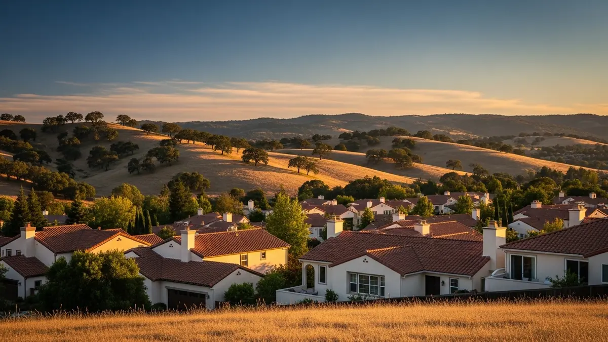 Scenic view of Lincoln, California, at golden hour, featuring rolling oak-dotted hills and charming residential architecture with terracotta roofs and cream-colored homes, all illuminated by warm, natural sunlight under a blue sky.