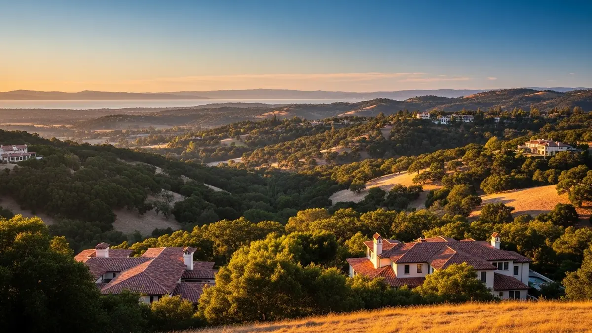 A scenic golden hour view of the rolling, oak-studded hills and elegant estates of Los Altos Hills, California, with the San Francisco Bay visible in the distance.