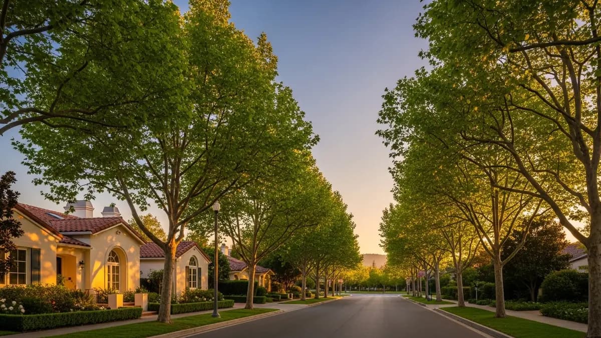 A serene, tree-lined residential street in Los Altos, California, bathed in warm golden hour light. Elegant homes with cream facades and terracotta roofs are visible through lush green foliage, under a deep blue and golden sky. The tranquil scene evokes the upscale, natural beauty of the city.