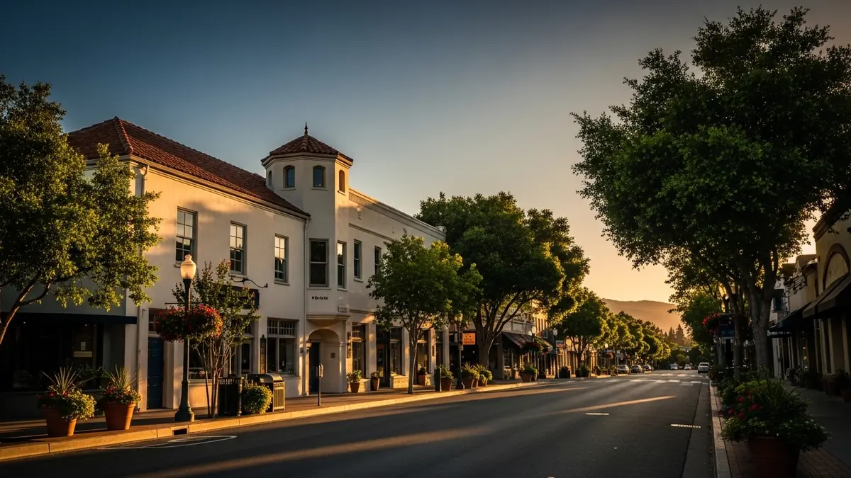 A tranquil street scene in historic downtown Los Gatos, California, at golden hour, featuring elegant cream-colored buildings with terracotta roofs and tree-lined streets under a deep blue and amber sky.
