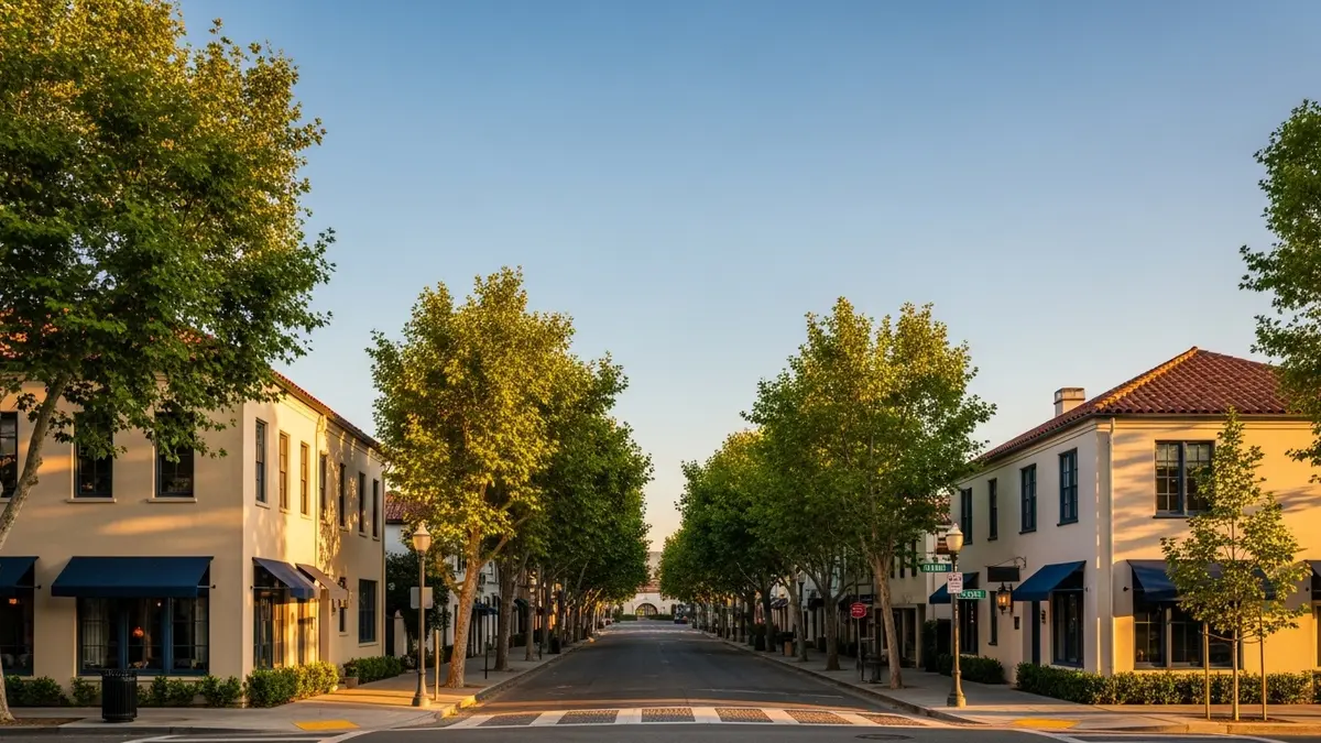 A golden hour street scene in Menlo Park, California, showcasing elegant cream and terracotta architecture framed by mature trees, under a warm, sun-drenched sky.