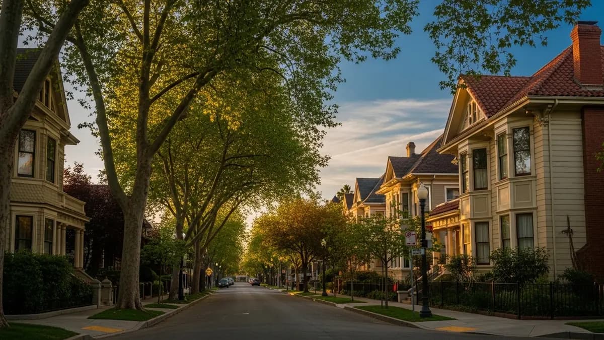 A sun-drenched street in Midtown Sacramento, California, showcasing elegant Victorian and Craftsman homes under mature elm trees during golden hour. The image features cream facades, terracotta roofs, and a deep blue sky, evoking the neighborhood's historic charm and warm ambiance.