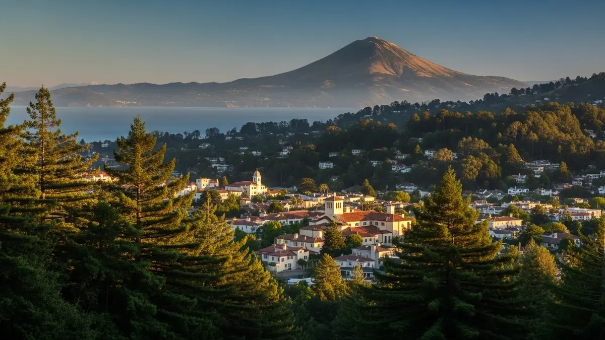 A scenic high-angle view of Mill Valley, California, at golden hour, featuring charming cream-colored buildings with terracotta roofs nestled among lush redwood trees, with Mount Tamalpais and the deep blue San Francisco Bay visible in the distance.