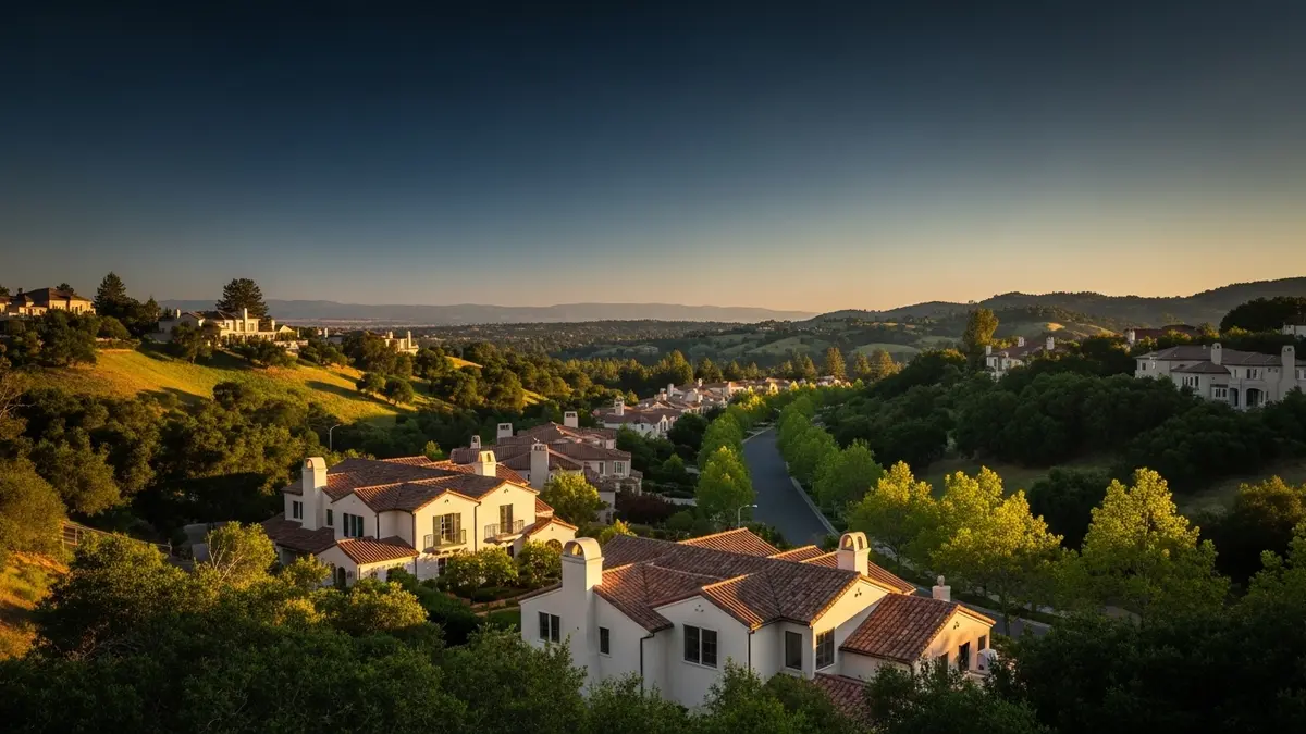 A beautiful golden hour landscape photograph showcasing elegant, cream-colored homes with terracotta roofs nestled in the oak-studded foothills of Monte Sereno, California. The image captures a serene residential scene with tree-lined streets and expansive views towards the Santa Clara Valley, bathed in warm, sun-drenched natural light.
