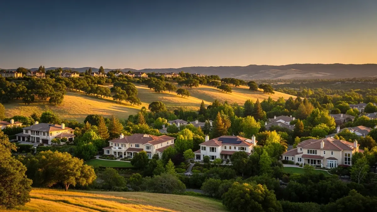 A picturesque, sun-drenched landscape of Moraga, California, showcasing golden rolling hills, mature oak trees, and elegant residential homes with terracotta roofs under a warm golden hour sky.