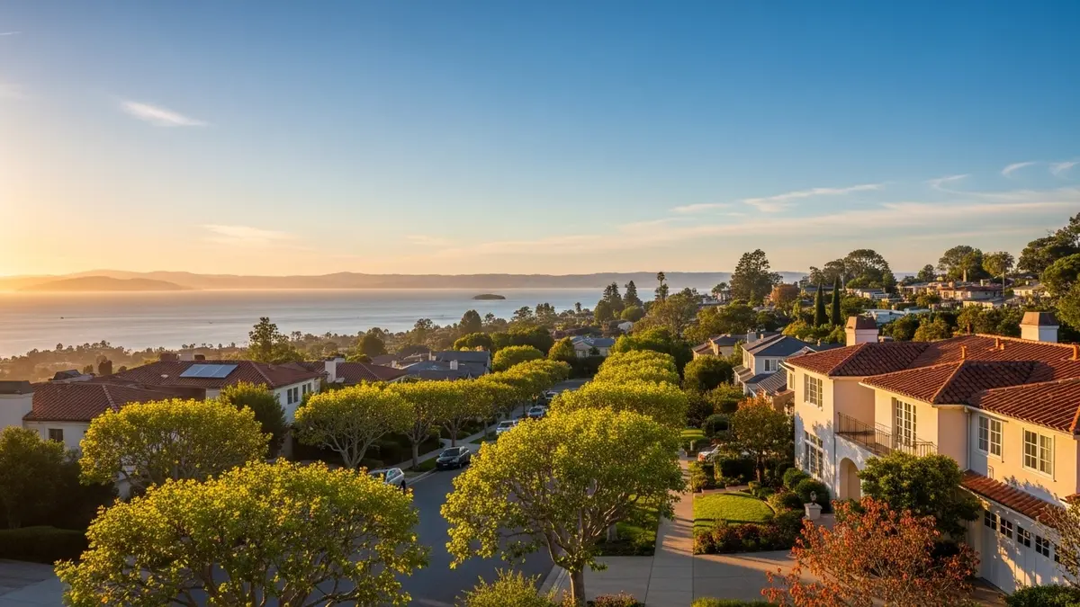 A scenic, sun-drenched view of a tree-lined residential neighborhood in Mountain View, California, with homes featuring warm cream facades and terracotta roofs, leading towards the deep blue San Francisco Bay under a golden hour sky.