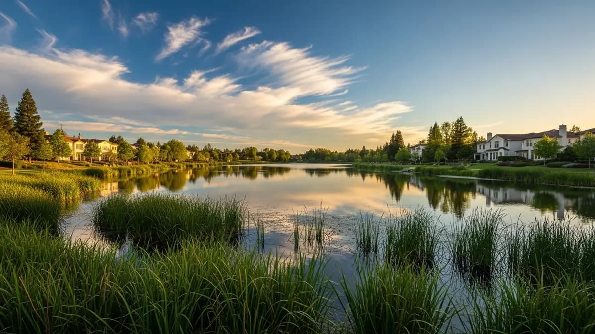 A pristine landscape photograph of the tranquil lake at North Natomas Regional Park during golden hour. The image features lush green wetlands, a deep blue sky with cream clouds reflecting on the water, and elegant residential architecture with cream stucco and terracotta roofs in the distance, representing the community and natural beauty of Natomas, CA.