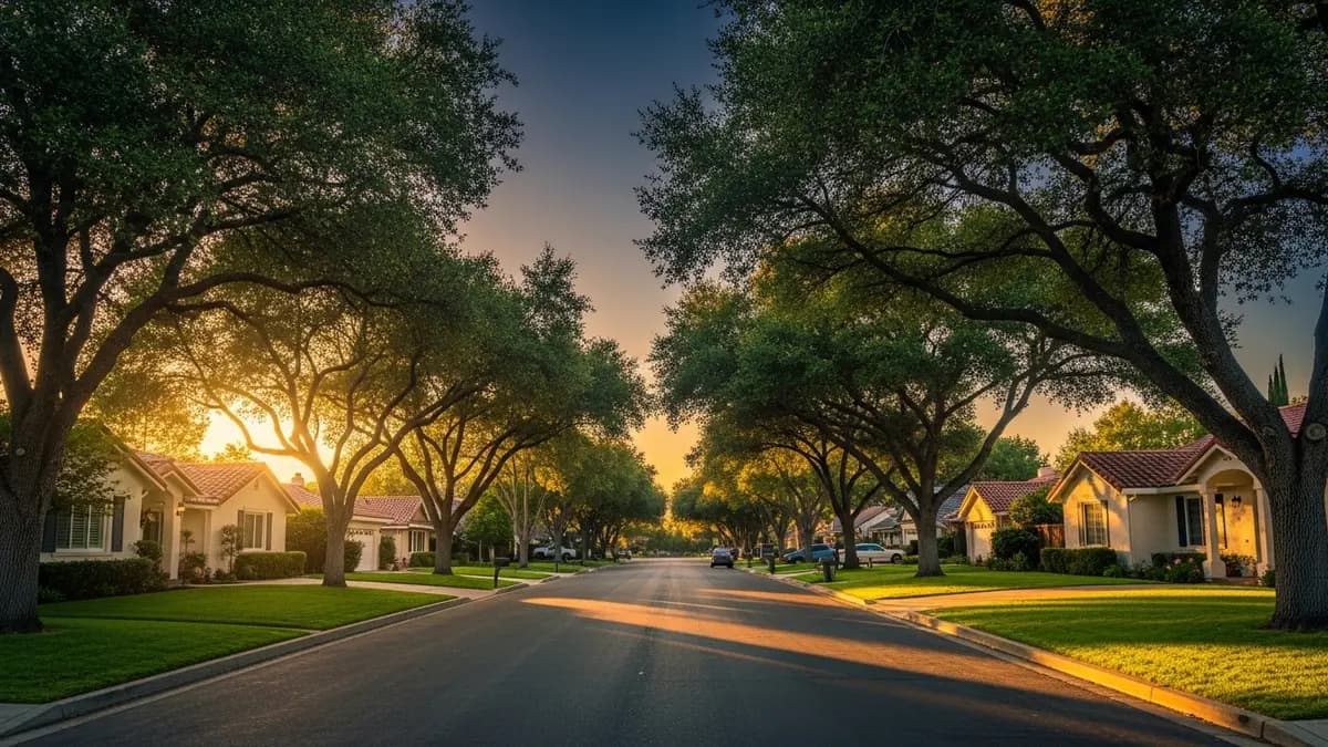 A sun-drenched residential street in North Highlands, California, at golden hour, featuring mature oak trees and homes with cream facades and terracotta roofs under a deep blue and golden sky.