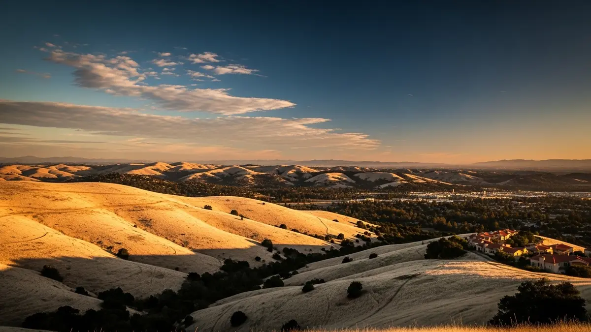 A panoramic, golden hour view from Mount Burdell overlooking Novato, California, featuring rolling, sun-drenched hills, distant buildings with terracotta roofs, and a vibrant deep blue and orange sky, capturing the serene beauty of Marin County.