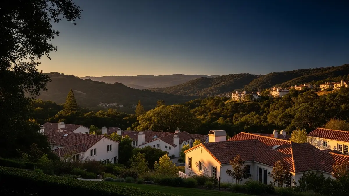 A serene, golden hour panoramic view overlooking the residential architecture and rolling, oak-covered hills of Orinda, California, featuring warm cream and terracotta roofs under a sky transitioning to deep navy.