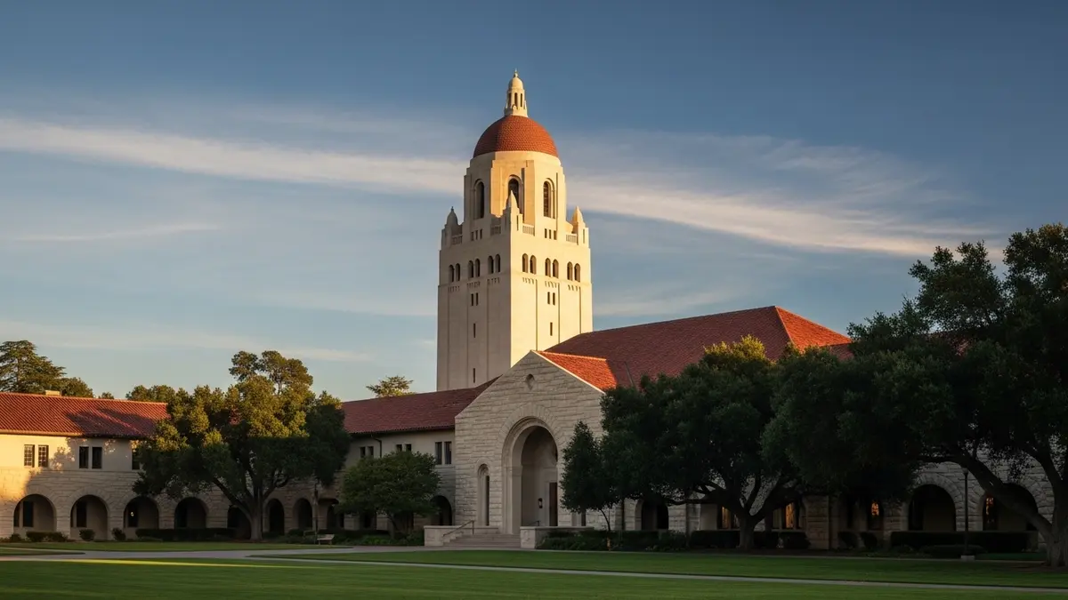 A beautiful golden hour photograph showcasing the iconic Hoover Tower at Stanford University in Palo Alto, California. The tower's warm, creamy sandstone facade and terracotta tile roofs glow under the soft, sun-drenched light, set against a clear, deep blue sky and framed by lush, mature trees.
