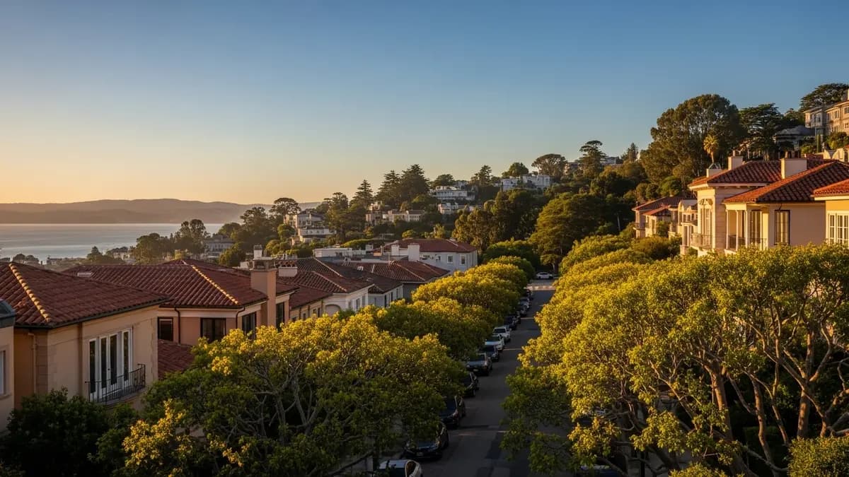A sun-drenched, elegant residential street in Piedmont, California, featuring homes with terracotta roofs and cream facades, framed by mature trees during golden hour, with a subtle view of the San Francisco Bay in the background.