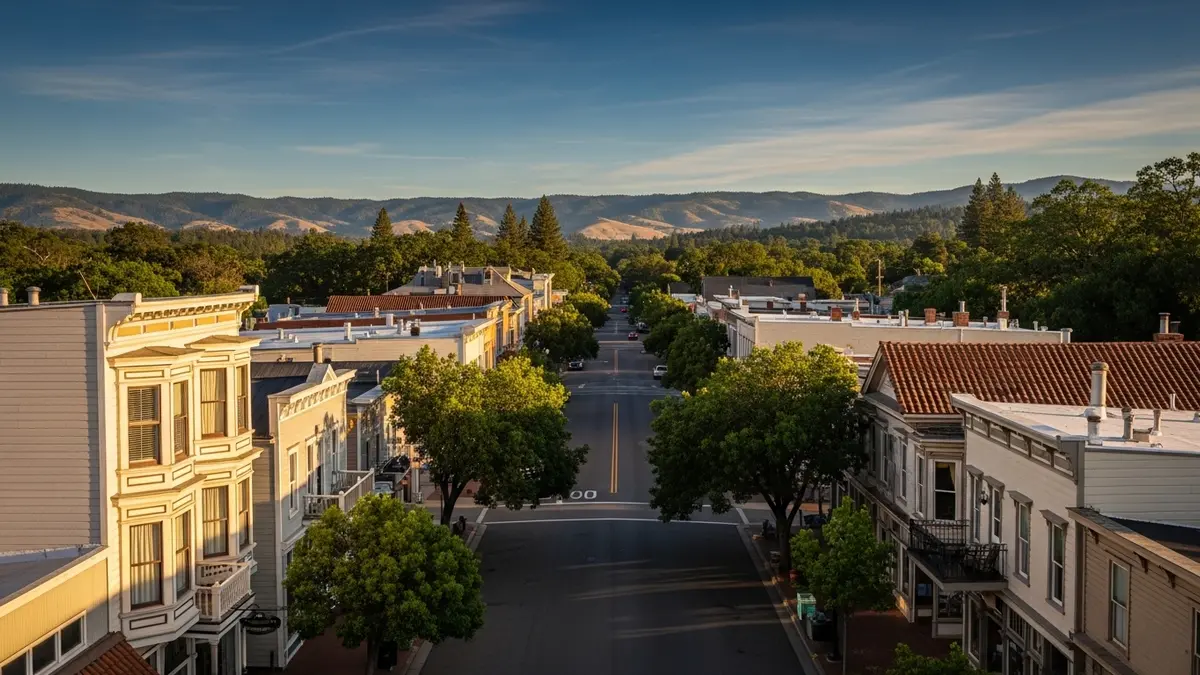 A sun-drenched view of Placerville, California's historic Main Street at golden hour, featuring charming Victorian buildings with warm cream facades and terracotta roofs under a deep blue sky, flanked by mature oak trees, embodying the city's rich Gold Rush era charm.