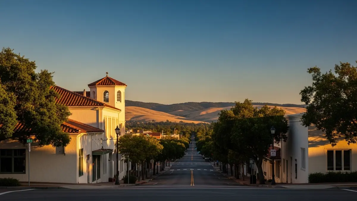 A serene golden hour streetscape of historic downtown Pleasanton, California, featuring charming cream-colored buildings with terracotta roofs, framed by mature oak trees and distant rolling golden hills under a deep blue sky.