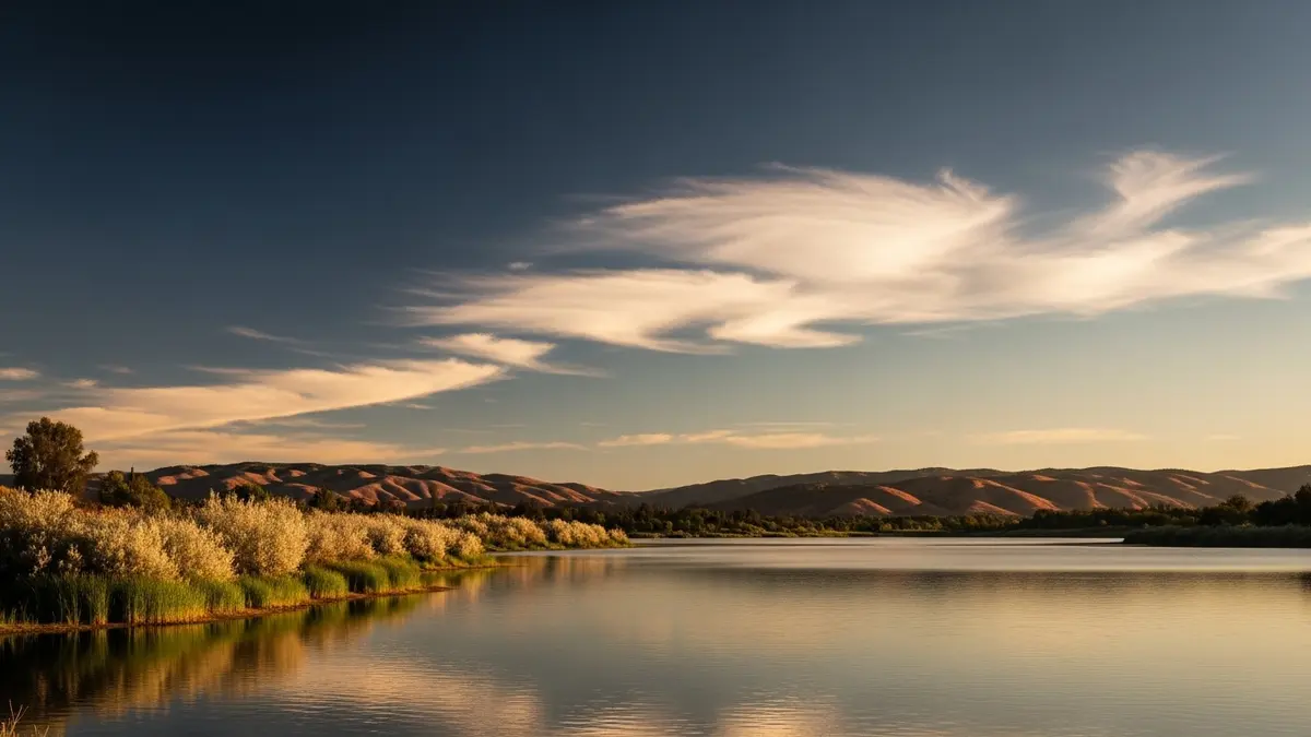 A beautiful, sun-drenched landscape photograph of Lake Natoma in Rancho Cordova, California, at golden hour. The tranquil water reflects the deep blue sky and warm cream clouds, framed by lush vegetation and distant hills with terracotta hues.