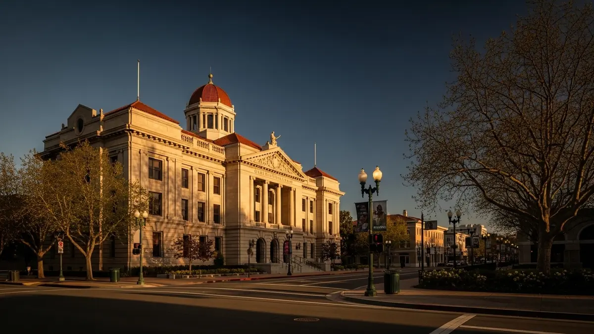 A serene golden hour view of the historic San Mateo County History Museum (Old Courthouse) dome and facade in Redwood City, California, featuring warm cream stone and terracotta roof details under a deep blue sky.