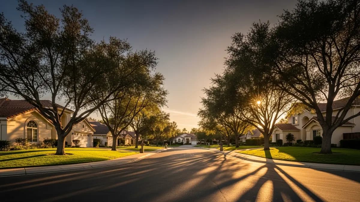 A beautiful, sun-drenched image of a tree-lined residential street in Rosemont, CA, featuring homes with warm cream facades and terracotta roofs under a deep blue and golden hour sky.